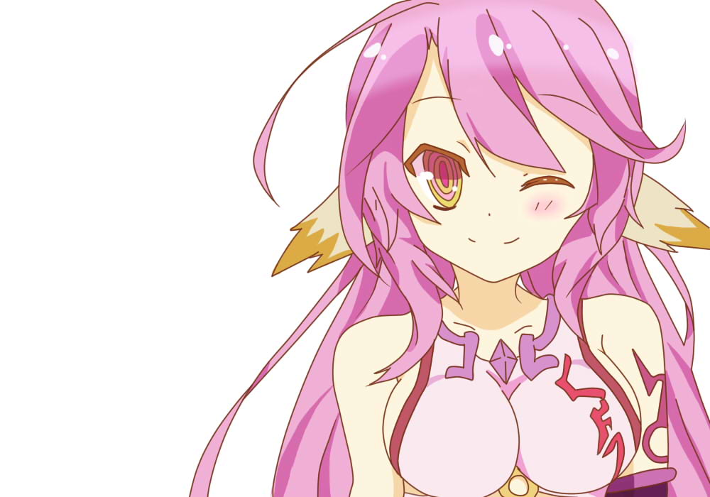 1girl ;) artist_request blush breasts cleavage commentary_request crop_top jibril_(no_game_no_life) large_breasts long_hair looking_at_viewer multicolored multicolored_eyes no_game_no_life one_eye_closed pink_eyes pink_hair sideboob smile solo tattoo wing_ears yellow_eyes