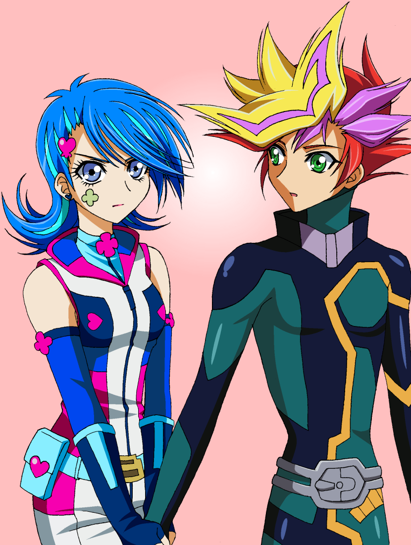 1boy 1girl belt blue_girl blue_hair bodysuit commentary_request earrings facial_tattoo fingerless_gloves fujiki_yuusaku gloves hair_ornament hairclip heart heart_earrings jewelry multicolored_hair playmaker shorts sleeveless spiky_hair tattoo user_rdtj3758_aria yu-gi-oh! yuu-gi-ou_vrains zaizen_aoi zipper