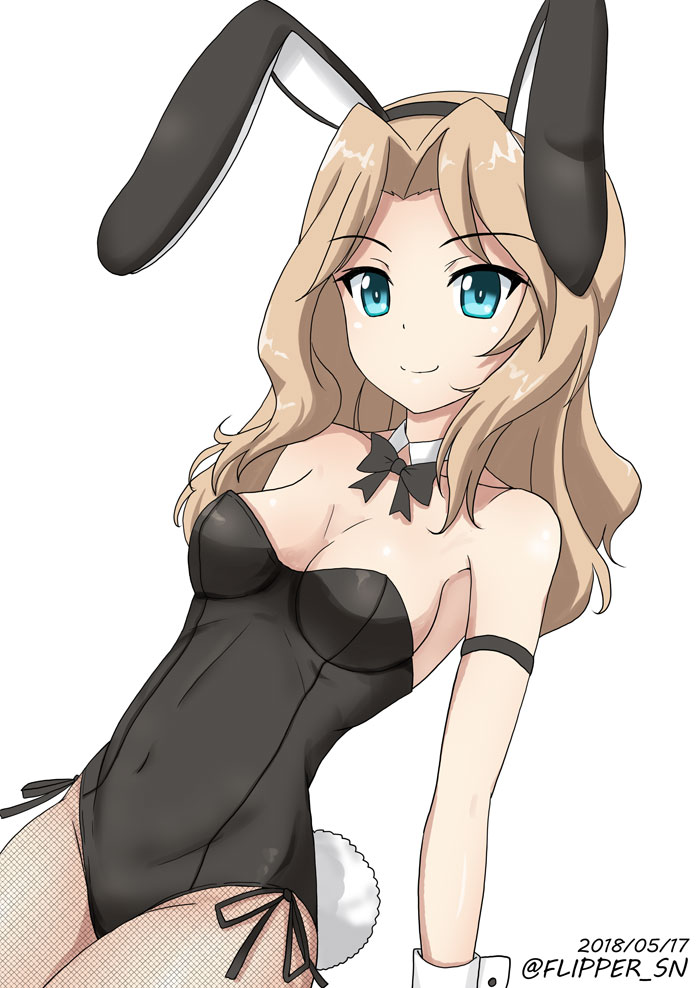 1girl animal_ears bare_shoulders blue_eyes blush breasts brown_hair bunnysuit dated detached_collar female fishnet_legwear fishnet_pantyhose fishnets flipper girls_und_panzer groin kay_(girls_und_panzer) leotard long_hair looking_at_viewer medium_breasts navel pantyhose rabbit_ears simple_background smile solo twitter_username white_background wrist_cuffs