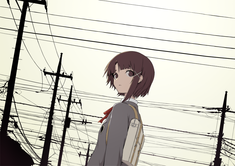 1girl asymmetrical_bangs asymmetrical_hair bag bangs blazer blunt_bangs bookbag brown_hair hair_ornament hairclip iwakura_lain jacket looking_at_viewer neck_ribbon power_lines ribbon ryuga_(balius) school_uniform serial_experiments_lain short_hair sky solo yellow_sky