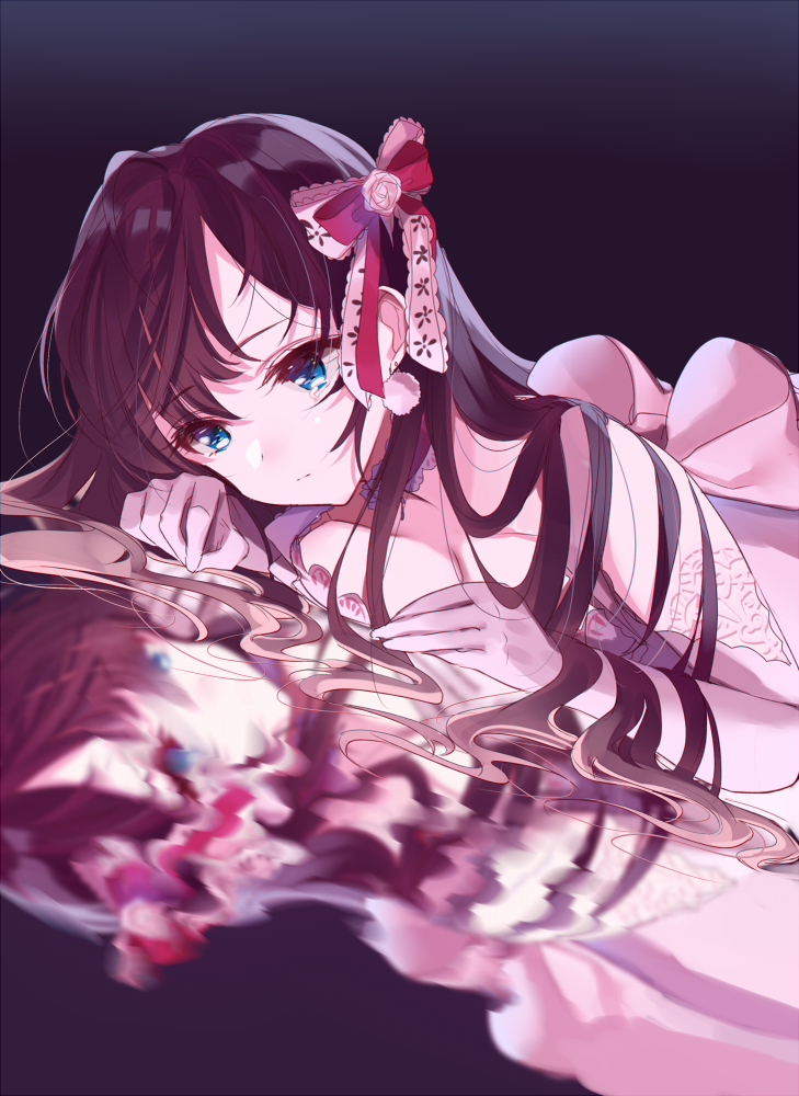 1girl bangs black_background blue_eyes bow breast_press breasts brown_hair cleavage closed_mouth dress earrings elbow_gloves eyebrows_visible_through_hair flower gloves gradient gradient_background hair_between_eyes hair_bow ichinose_shiki idolmaster idolmaster_cinderella_girls jewelry long_hair looking_away lying medium_breasts misumi_(macaroni) on_stomach pink_bow pink_dress pink_flower pink_rose red_bow reflection ripples rose solo tearing_up tears very_long_hair