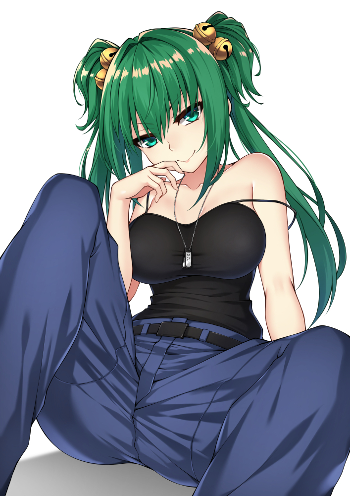 1girl bare_shoulders bell belt breasts collarbone commentary commission cui_yifei english_commentary eyebrows_visible_through_hair green_eyes green_hair hair_bell hair_between_eyes hair_ornament head_tilt healther jingle_bell long_hair looking_at_viewer medium_breasts muvluv muvluv_alternative pants simple_background sitting smile solo spread_legs strap_slip twintails v-shaped_eyebrows white_background