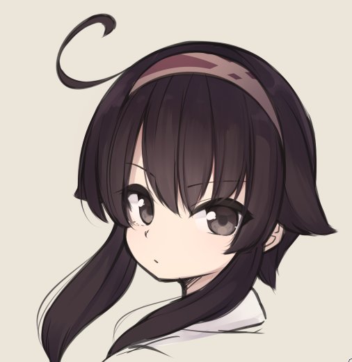 1girl ahoge bangs brown_background brown_eyes brown_hair closed_mouth commentary_request eyebrows_visible_through_hair hair_between_eyes hair_flaps hairband long_hair looking_at_viewer looking_to_the_side natsuki_teru original portrait shikibe_ayaka simple_background solo v-shaped_eyebrows