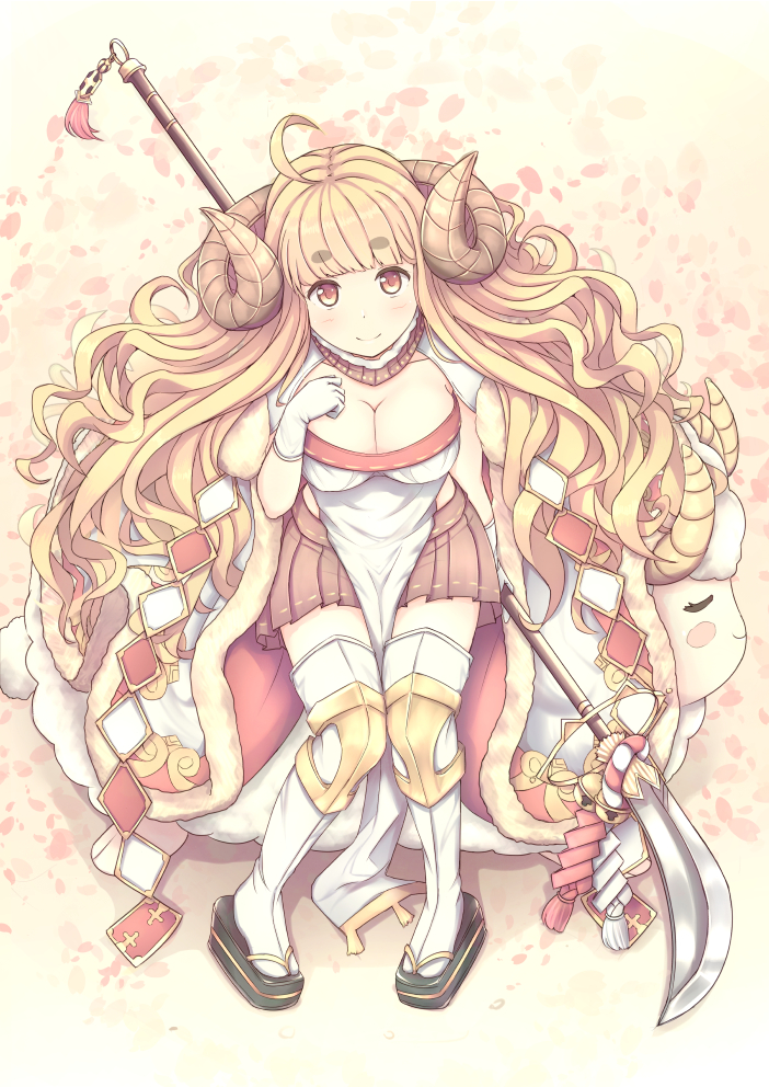 1girl ahoge anila_(granblue_fantasy) blonde_hair blush breasts cleavage closed_mouth commentary_request draph eyebrows eyebrows_visible_through_hair fur_trim gloves granblue_fantasy holding holding_weapon horns large_breasts long_hair looking_at_viewer naginata orange_eyes polearm poru_(naasan) sheep sheep_horns short_eyebrows sitting sitting_on_animal skirt smile solo thick_eyebrows thigh-highs very_long_hair wavy_hair weapon white_gloves white_legwear