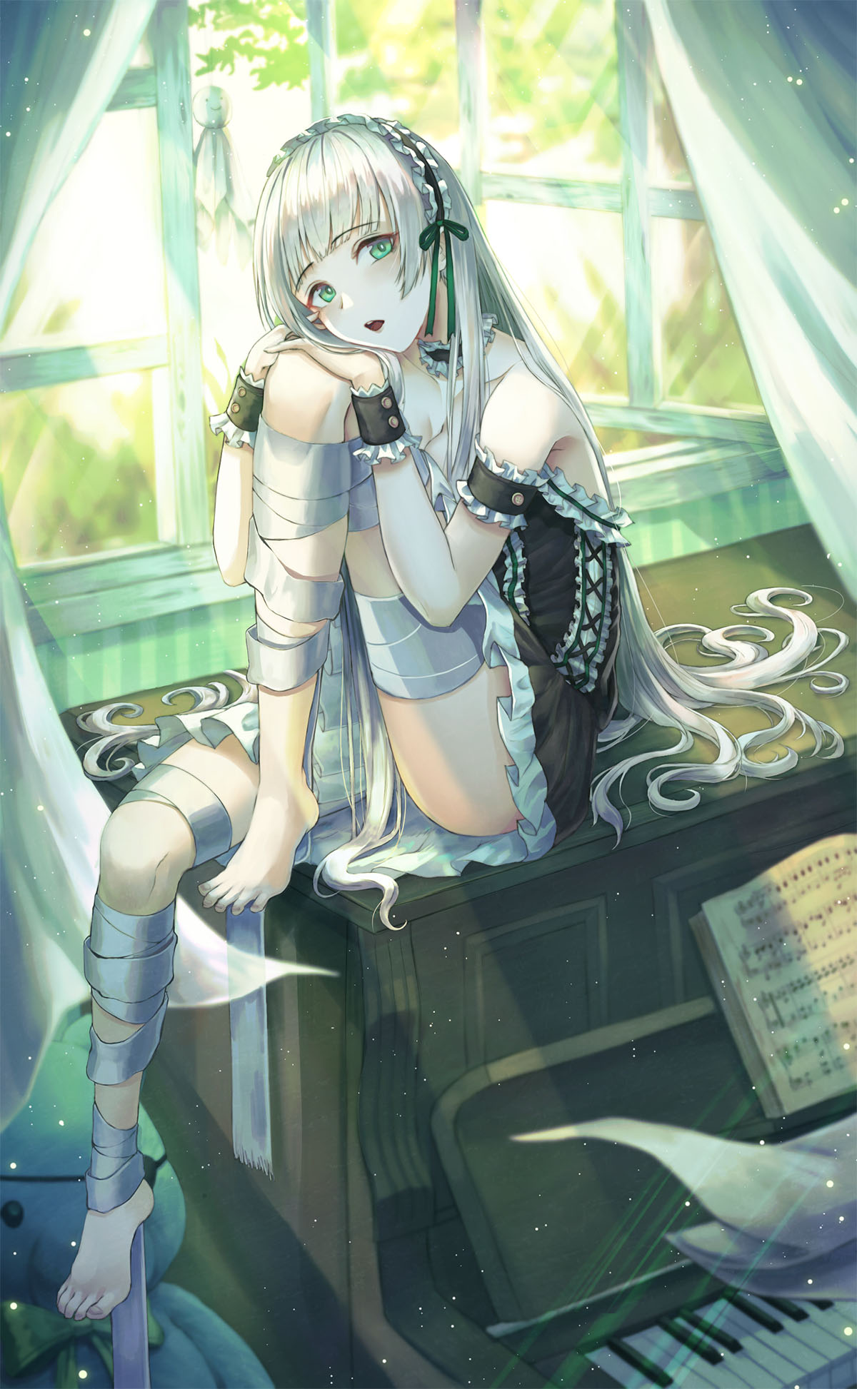 1girl bare_shoulders barefoot breasts cleavage collarbone day eyebrows_visible_through_hair green_eyes highres indoors instrument kimsw0522 large_breasts long_hair looking_at_viewer maid maid_headdress original parted_lips piano sheet_music silver_hair sitting solo window