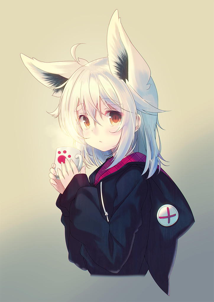 1girl ahoge animal_ears bangs black_hoodie blush brown_background brown_eyes cropped_torso cup drawstring extra_ears eyebrows_visible_through_hair fox_ears fox_girl gradient gradient_background grey_background hair_between_eyes holding holding_cup hood hood_down hoodie long_hair long_sleeves looking_at_viewer misaki_yuu mug original parted_lips paw_print silver_hair sleeves_past_wrists solo steam thick_eyebrows