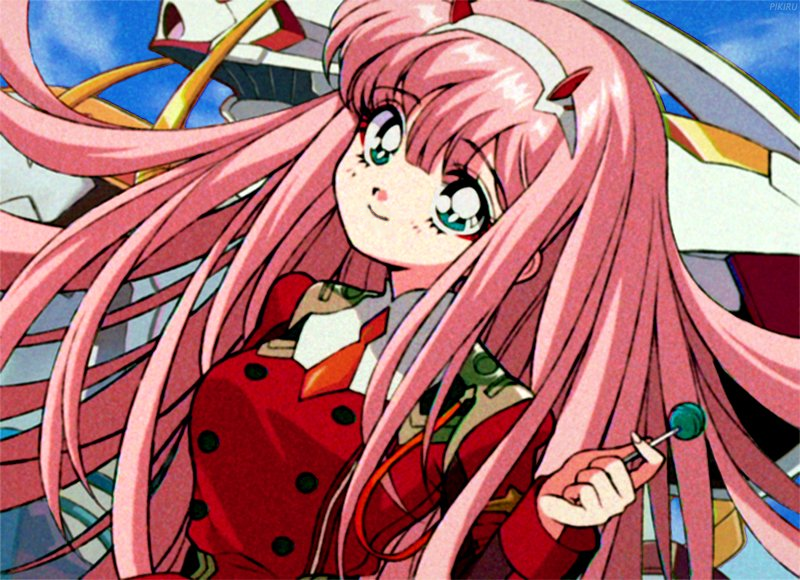 1girl 90s artist_name bangs blue_sky blush breasts candy closed_mouth clouds cloudy_sky commentary darling_in_the_franxx day dot_nose double-breasted dutch_angle english_commentary eyebrows_visible_through_hair eyelashes eyes eyes_visible_through_hair fake_screenshot film_grain food green_eyes hair_between_eyes hairband hand_up holding_lollipop humanoid_robot lollipop long_hair long_sleeves looking_at_viewer mecha medium_breasts necktie oni_horns orange_neckwear outdoors parody pikiru pink_hair raised_eyebrows short_necktie sky smile solo strelizia style_parody takeuchi_naoko_(style) uniform very_long_hair vhs_artifacts watermark white_hairband white_pupils zero_two_(darling_in_the_franxx)