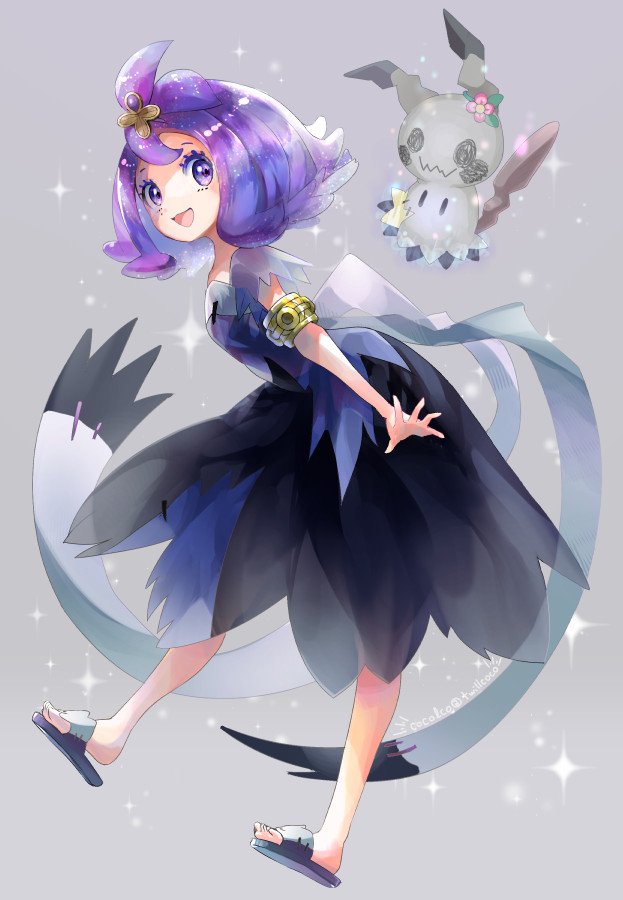 1girl acerola_(pokemon) armlet dress elite_four flipped_hair gen_7_pokemon hair_ornament kokoroko mimikyu multicolored multicolored_clothes multicolored_dress open_mouth pokemon pokemon_(anime) pokemon_(creature) pokemon_sm_(anime) purple_hair sandals short_hair sparkle stitches trial_captain violet_eyes