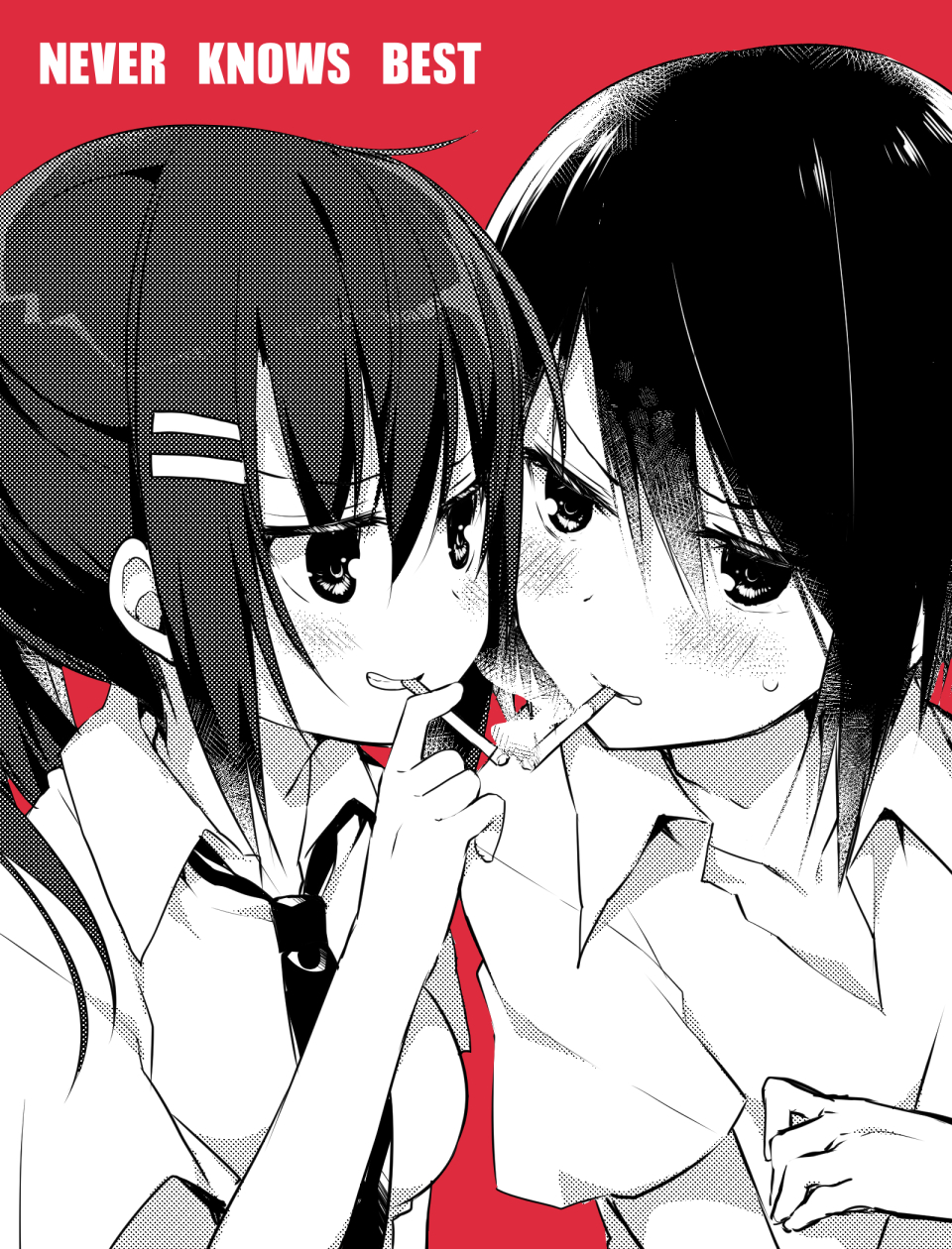 2girls bangs blush breasts cigarette collarbone collared_shirt commentary_request copyright_request english eyebrows_visible_through_hair greyscale grin hair_between_eyes hair_ornament hairclip highres hisagi_(puchimaple) long_hair looking_at_another medium_breasts monochrome mouth_hold multiple_girls necktie parted_lips ponytail red_background shirt simple_background smile smoke smoking