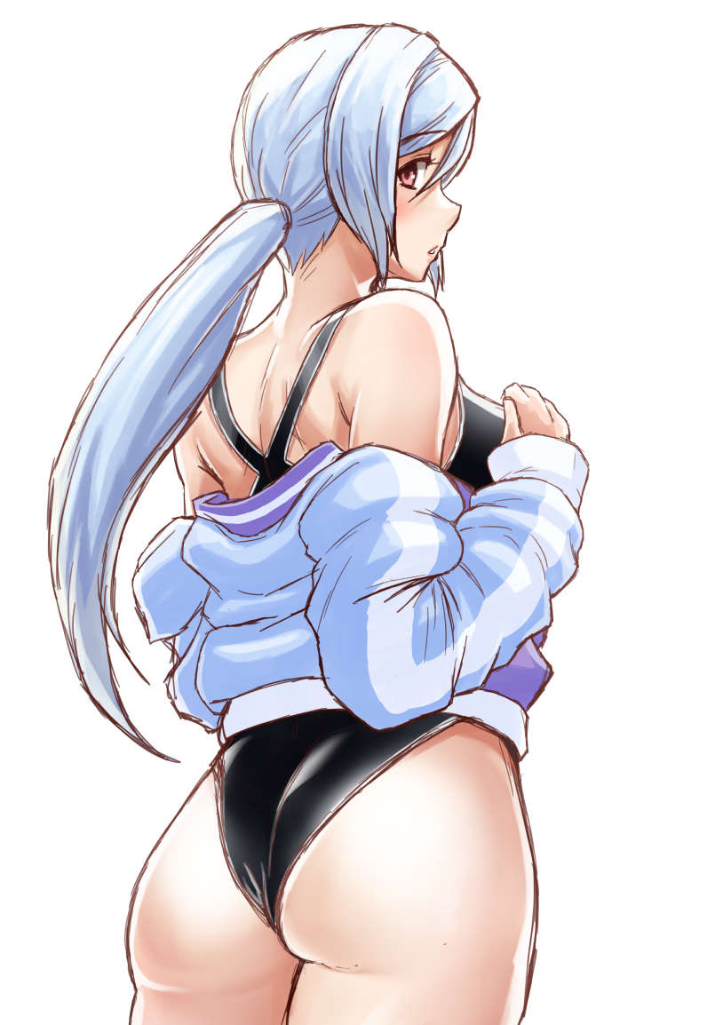 1girl ass black_swimsuit blue_hair blue_jacket competition_swimsuit cowboy_shot finalcake from_behind jacket long_hair looking_at_viewer looking_back low_twintails one-piece_swimsuit original red_eyes simple_background solo swimsuit twintails white_background