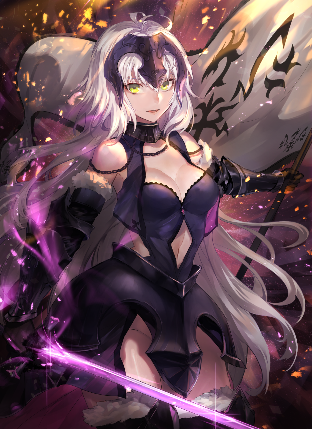 1girl banner black_footwear boots breasts chains choker cleavage cowboy_shot fate/grand_order fate_(series) floating_hair fur_trim gauntlets green_eyes groin hair_between_eyes highres hisa_tobi_(s41229) holding holding_sword holding_weapon jeanne_d'arc_(alter)_(fate) jeanne_d'arc_(fate)_(all) long_hair looking_at_viewer medium_breasts midriff navel navel_cutout no_panties open_mouth silver_hair smile solo standing stomach sword thigh-highs thigh_boots very_long_hair weapon