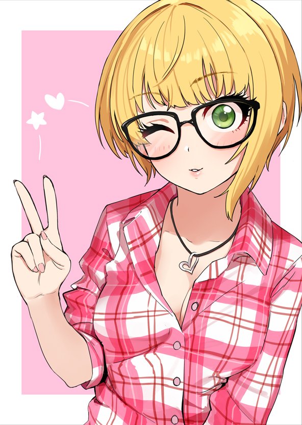 1girl blonde_hair glasses green_eyes heart heart_necklace idolmaster idolmaster_cinderella_girls jewelry long_sleeves miyamoto_frederica necklace omaru_gyuunyuu one_eye_closed parted_lips pink_background pink_shirt plaid plaid_shirt shirt short_hair sleeves_rolled_up smile solo star v white_border