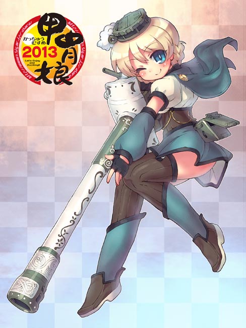 1girl ;) bangs black_legwear blonde_hair blue_eyes boots braid cape centurion_(tank) checkered checkered_background closed_mouth cosplay darjeeling detached_sleeves eyebrows_visible_through_hair fingerless_gloves full_body girls_und_panzer gloves green_cape green_eyes green_skirt ground_vehicle headgear holding holding_weapon invisible_chair kacchu_musume knee_boots looking_at_viewer mecha_musume military military_vehicle miniskirt motor_vehicle one_eye_closed pouch ribbed_legwear sankuma shirt short_hair sitting skirt smile solo tank tank_turret thigh-highs tied_hair twin_braids watermark weapon white_shirt