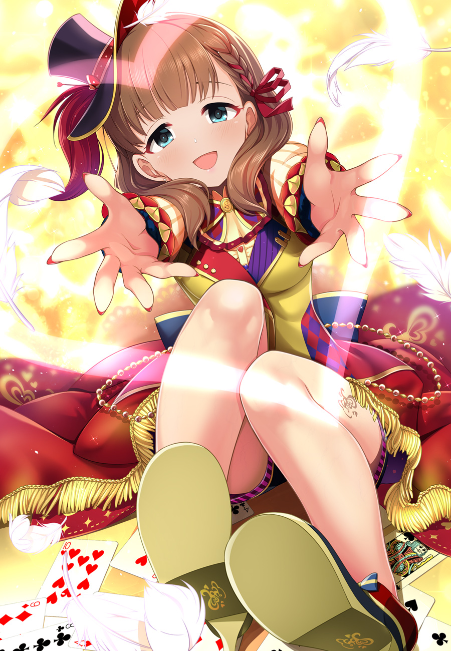 1girl :d blue_eyes blush braid brown_hair card dress fringe hair_ribbon hat highres idolmaster idolmaster_cinderella_girls idolmaster_cinderella_girls_starlight_stage kazu long_sleeves looking_at_viewer mini_hat mini_top_hat open_mouth outstretched_arms playing_card ribbon sakuma_mayu shoes short_hair single_braid smile solo top_hat white_feathers