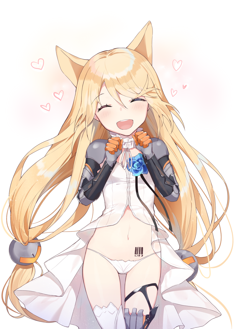1girl :d animal_ears armor asymmetrical_legwear bangs barcode_tattoo blonde_hair blue_flower blue_rose blush breasts choker closed_eyes cowboy_shot dress eyebrows_visible_through_hair flower flying_heart g41_(girls_frontline) girls_frontline groin hair_between_eyes hair_ornament hands_up light_particles long_hair low-tied_long_hair navel open_clothes open_dress open_mouth panties perri_(mnemosine) rose sidelocks simple_background small_breasts smile solo stomach tattoo thigh-highs thigh_strap twintails underwear very_long_hair white_background white_dress white_panties
