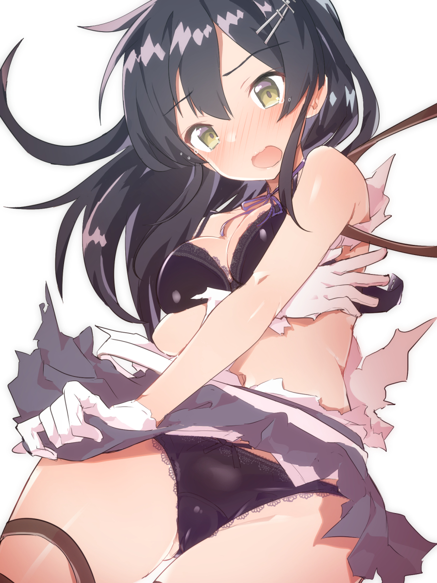 1girl black_bra black_hair black_panties black_skirt blush bra breasts caburi cleavage cowboy_shot eyebrows_visible_through_hair gloves grey_eyes hair_between_eyes hair_ornament hairclip highres kantai_collection lace lace-trimmed_bra lace-trimmed_panties navel nose_blush open_mouth oyashio_(kantai_collection) panties pleated_skirt simple_background skirt solo tears thigh_strap torn_clothes underwear vest white_background white_gloves