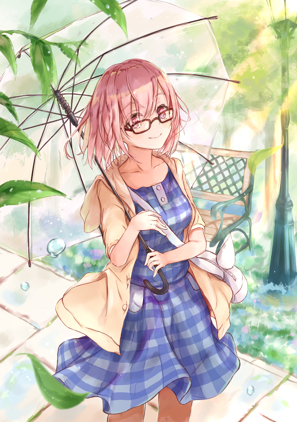 1girl bag bangs bench blue_dress blush breasts brown_jacket closed_mouth collarbone commentary_request cowboy_shot day dress eyebrows_visible_through_hair fate/grand_order fate_(series) flower glasses hair_between_eyes hanagin handbag highres holding holding_umbrella hood hood_down hooded_jacket jacket lamppost mash_kyrielight open_clothes open_jacket outdoors park_bench pink_eyes pink_flower pink_hair plaid plaid_dress red-framed_eyewear shoulder_bag small_breasts solo standing transparent transparent_umbrella umbrella water_drop