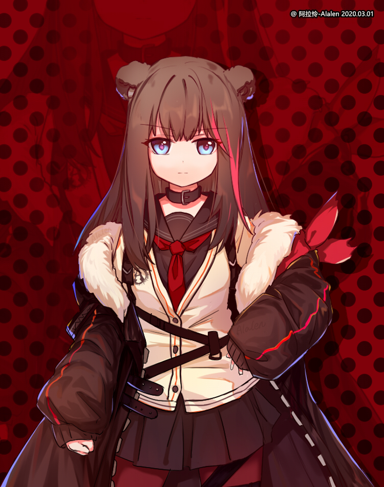 1girl alalen animal_ears arknights armband artist_name bear_ears black_collar blue_eyes brown_coat brown_hair brown_shirt brown_skirt coat collar cowboy_shot dated fur-trimmed_coat fur_trim long_sleeves looking_at_viewer multicolored_hair neckerchief open_clothes open_coat red_background red_legwear red_neckerchief redhead school_uniform shirt skirt solo straight-on streaked_hair vest watermark white_vest zima_(arknights) zoom_layer