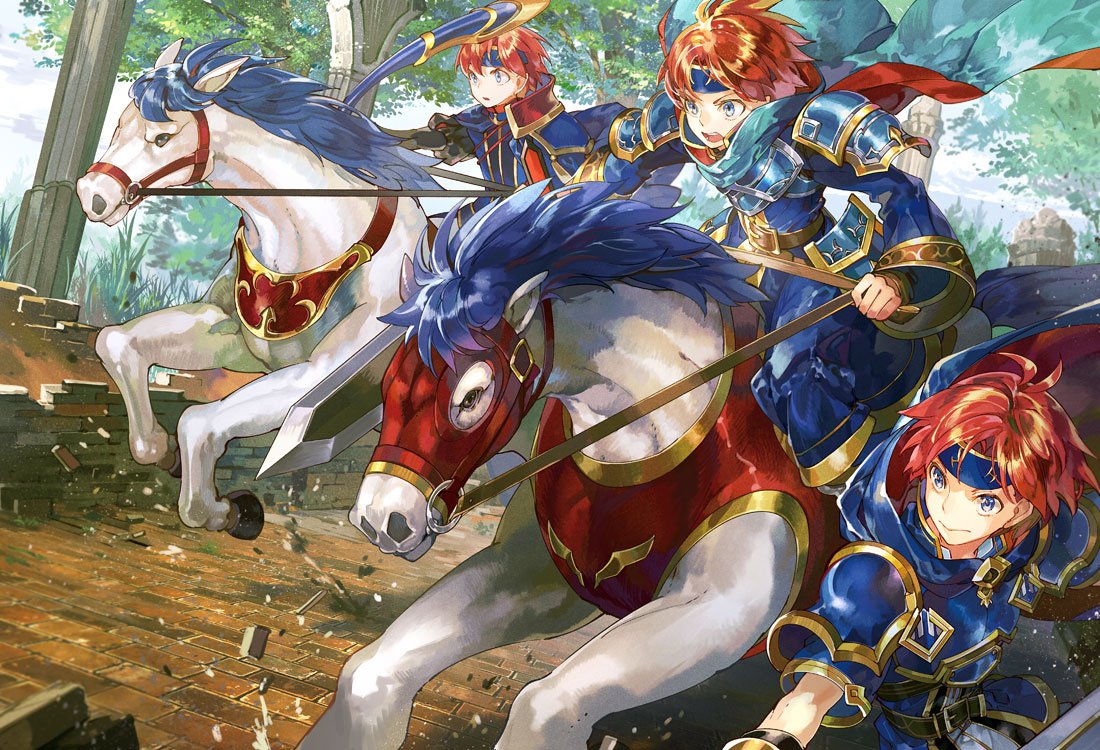 blue_armor blue_eyes cape cosplay dual_persona durandal_(fire_emblem) eliwood_(fire_emblem) eliwood_(fire_emblem)_(cosplay) fire_emblem fire_emblem:_fuuin_no_tsurugi fire_emblem:_rekka_no_ken fire_emblem_heroes headband horse noki_(affabile) redhead roy_(fire_emblem) short_hair smile sword weapon