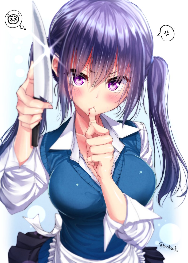 1girl anger_vein apron black_skirt bleeding blood blue_vest finger_in_mouth holding holding_knife knife lens_flare long_sleeves looking_at_viewer mokufuu original pleated_skirt purple_hair shirt skirt sleeves_rolled_up solo spoken_anger_vein twintails vest violet_eyes white_apron white_shirt