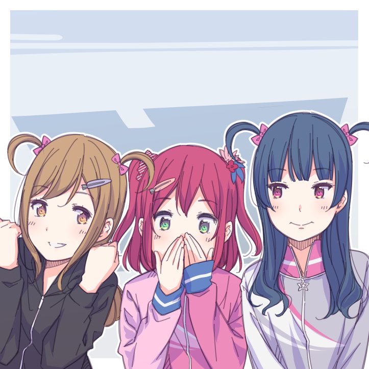 3girls alternate_hairstyle ayasaka bangs black_jacket blue_hair bow brown_eyes brown_hair casual clenched_hands covering_mouth eyebrows_visible_through_hair flower green_eyes grey_jacket grin hair_bow hair_flower hair_ornament hairclip hands_on_own_face hands_up jacket kunikida_hanamaru kurosawa_ruby love_live! love_live!_sunshine!! multiple_girls outline pink_bow pink_jacket redhead smile tsushima_yoshiko two_side_up upper_body violet_eyes white_outline