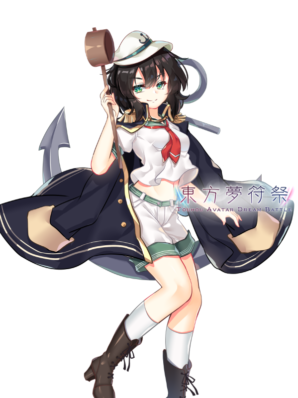 &gt;:) 1girl anchor anchor_symbol binan_xian_lu black_footwear black_hair black_jacket boots breasts chinese_commentary commentary_request epaulettes feet_out_of_frame green_eyes hat hishaku holding jacket jacket_on_shoulders kneehighs looking_at_viewer medium_breasts midriff murasa_minamitsu navel puffy_short_sleeves puffy_sleeves red_neckwear sailor_collar sailor_hat sailor_shirt shirt short_hair short_sleeves shorts simple_background smile solo stomach touhou v-shaped_eyebrows white_background white_hat white_legwear white_shirt white_shorts