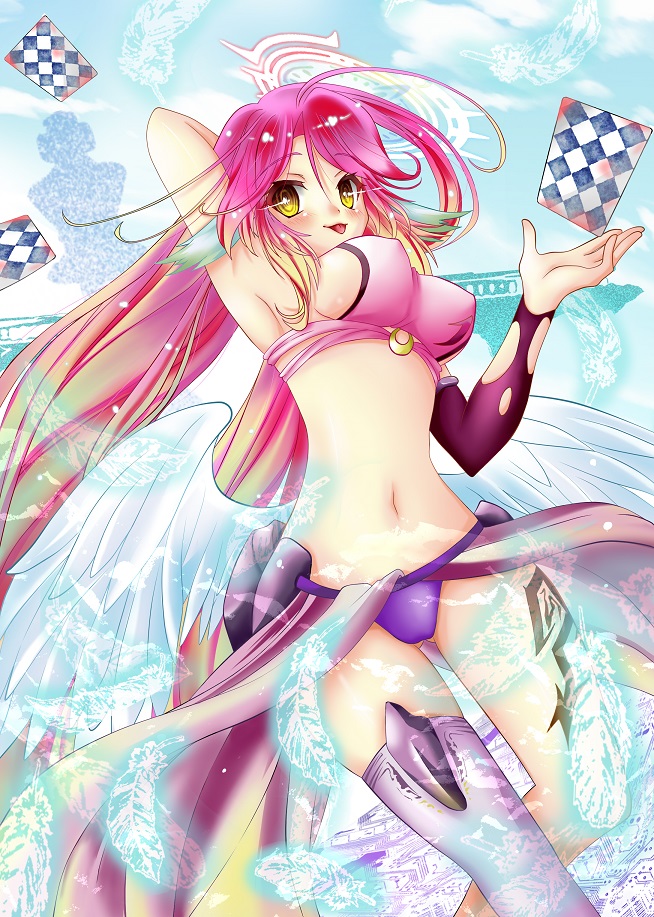 1girl :p angel_wings arm_behind_head armpits artist_request blush breasts card commentary_request feathered_wings gradient_hair halo jibril_(no_game_no_life) large_breasts long_hair low_wings magic_circle midriff multicolored_hair navel no_game_no_life pink_hair playing_card sideboob single_thighhigh smile solo stomach tattoo thigh-highs tongue tongue_out very_long_hair wing_ears wings yellow_eyes