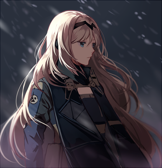 1girl an-94_(girls_frontline) backlighting bangs blonde_hair blue_eyes closed_mouth girls_frontline hairband jacket long_hair looking_to_the_side silence_girl snowing solo upper_body wind