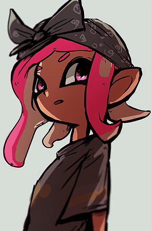 1girl agent_8 bandanna black_shirt eyebrows facing_away liezl_ronquillo long_hair looking_away looking_to_the_side lowres octarian octoling open_mouth pink_eyes pink_hair pointy_ears shirt short_sleeves simple_background solo splatoon splatoon_2 splatoon_2:_octo_expansion t-shirt tentacle_hair upper_body
