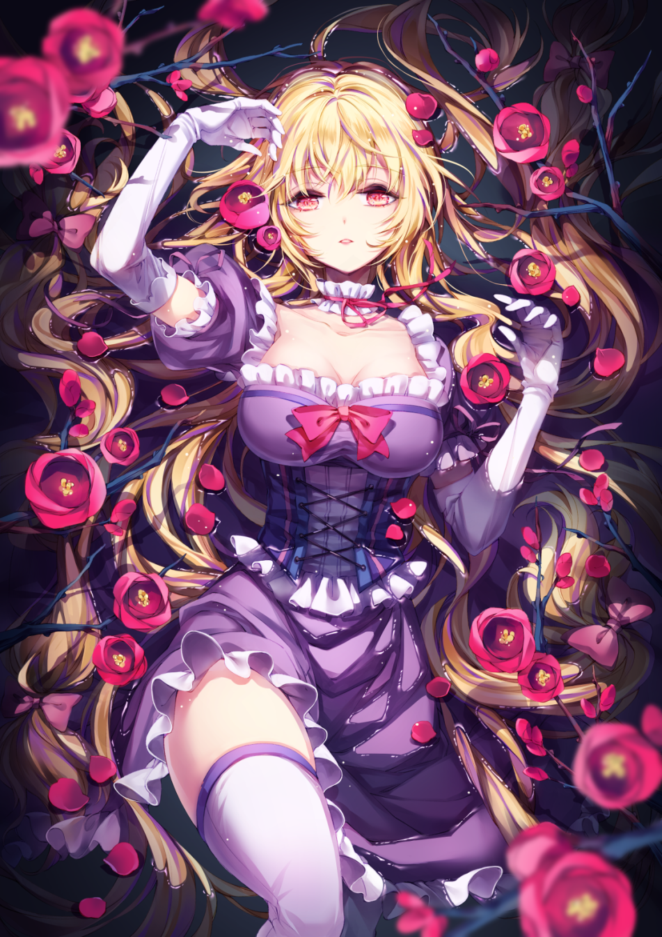 1girl arm_up bangs blonde_hair breasts cleavage dress elbow_gloves eyebrows_visible_through_hair eyelashes flower flower_request frilled_skirt frills gloves hair_between_eyes hair_ribbon highres in_water large_breasts long_hair looking_at_viewer lying neck_ribbon no_headwear on_back open_mouth parted_lips partially_submerged puffy_short_sleeves puffy_sleeves purple_dress red_eyes red_neckwear red_ribbon ribbon short_sleeves skirt soen solo thigh-highs touhou tress_ribbon underbust very_long_hair white_gloves white_legwear yakumo_yukari