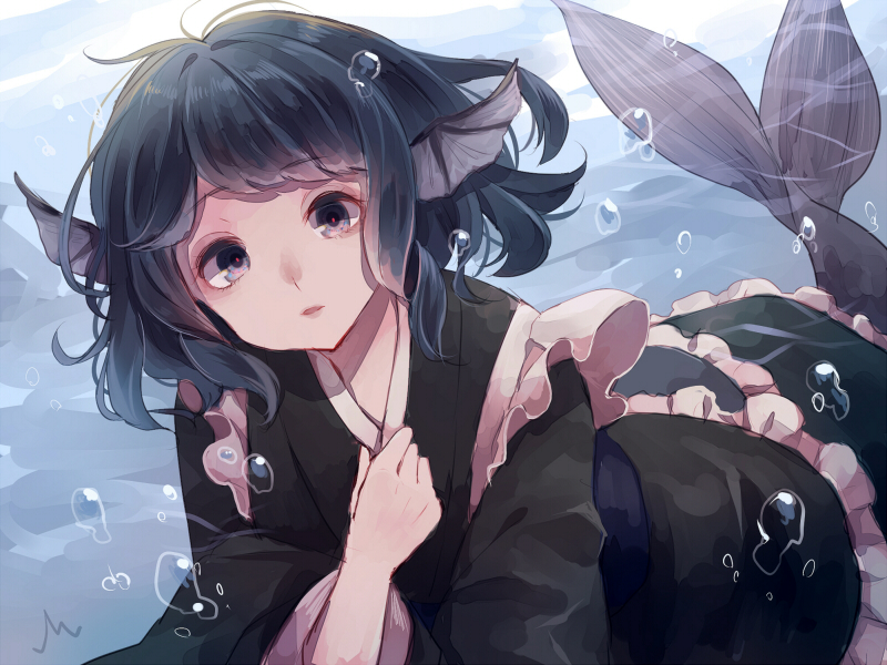 1girl air_bubble blue_eyes blue_hair bubble commentary_request eyebrows_visible_through_hair frilled_kimono frills green_kimono hand_on_own_chest head_fins head_tilt japanese_clothes kimono long_sleeves looking_at_viewer m_(neteitai10) mermaid monster_girl parted_lips petticoat short_hair signature solo touhou underwater wakasagihime wide_sleeves