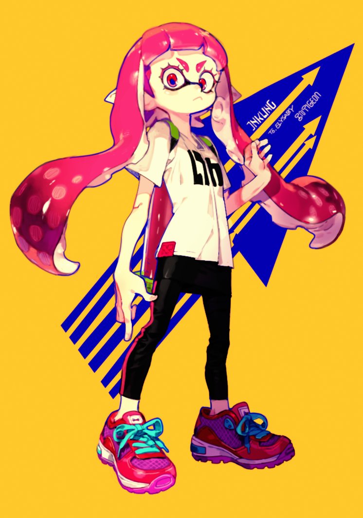 1girl bangs determined directional_arrow english frown inkling leggings long_hair looking_at_viewer pigeon666 pink_eyes pink_hair shirt shoes simple_background sneakers solo splatoon t-shirt