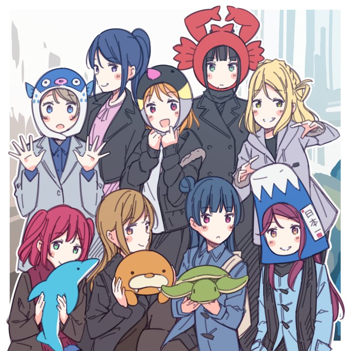 6+girls :d :o animal_hood aqua_eyes ayasaka bangs black_coat black_hair black_jacket blonde_hair blue_coat blue_eyes blue_hair blue_jacket blush braid brown_hair clenched_hands crab_hood crown_braid fish_hood grey_hair grey_jacket grin group_picture hair_rings hands_up holding holding_stuffed_animal hood jacket kunikida_hanamaru kurosawa_dia kurosawa_ruby long_hair long_sleeves looking_at_viewer love_live! love_live!_sunshine!! matsuura_kanan mole mole_under_mouth mountain_hood multiple_girls ohara_mari open_mouth orange_hair penguin_hood ponytail red_eyes redhead sakurauchi_riko short_hair side_bun smile stuffed_animal stuffed_dolphin stuffed_toy stuffed_turtle stuffed_walrus takami_chika tsushima_yoshiko two_side_up violet_eyes watanabe_you winter_clothes