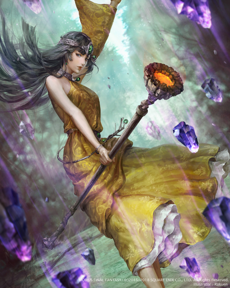 1girl arm_up artist_name black_hair blurry blurry_background bracelet circle copyright_name day detached_sleeve dress feet_out_of_frame forest gem grey_eyes holding holding_staff houjyoh jewelry looking_at_viewer mobius_final_fantasy nature official_art outdoors single_sleeve staff watermark yellow_dress