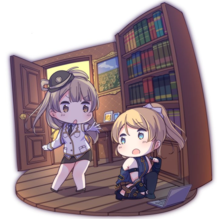 2girls :o arm_strap ayasaka ayase_eli belt_pouch black_footwear black_hat black_neckwear blonde_hair blue_eyes bookshelf boots brown_eyes chibi computer elbow_gloves female_service_cap fingerless_gloves garter_straps gloves grey_hair hat kneeling laptop looking_back love_live! love_live!_school_idol_festival love_live!_school_idol_project minami_kotori miniskirt multiple_girls necktie one_side_up open_door pencil_skirt phantom_thief_erichika picture_frame police police_uniform policewoman ponytail skirt standing table thigh-highs thigh_boots uniform v-shaped_eyebrows white_scrunchie wooden_floor zipper_pull_tab