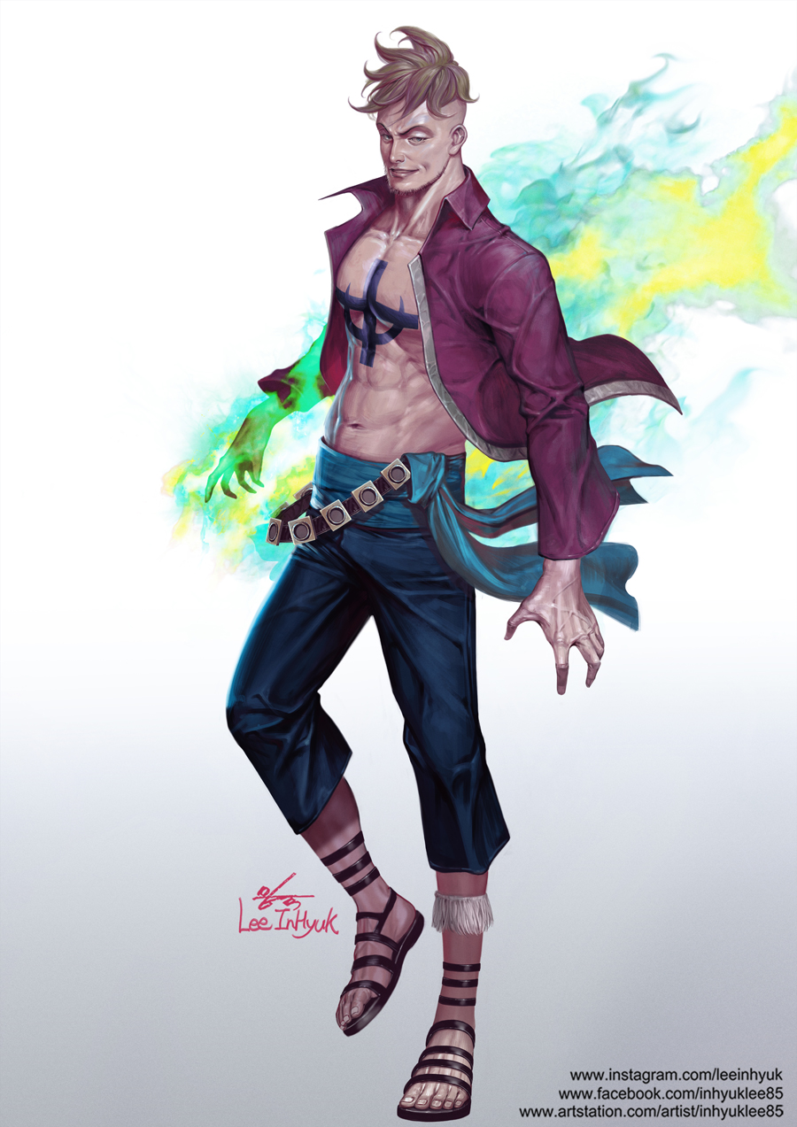 1boy abs brown_hair burning_hand collarbone facial_hair goatee gradient gradient_background highres in-hyuk_lee jacket male_focus marco navel one_piece open_clothes open_jacket sandals signature smile solo standing standing_on_one_leg veins watermark web_address