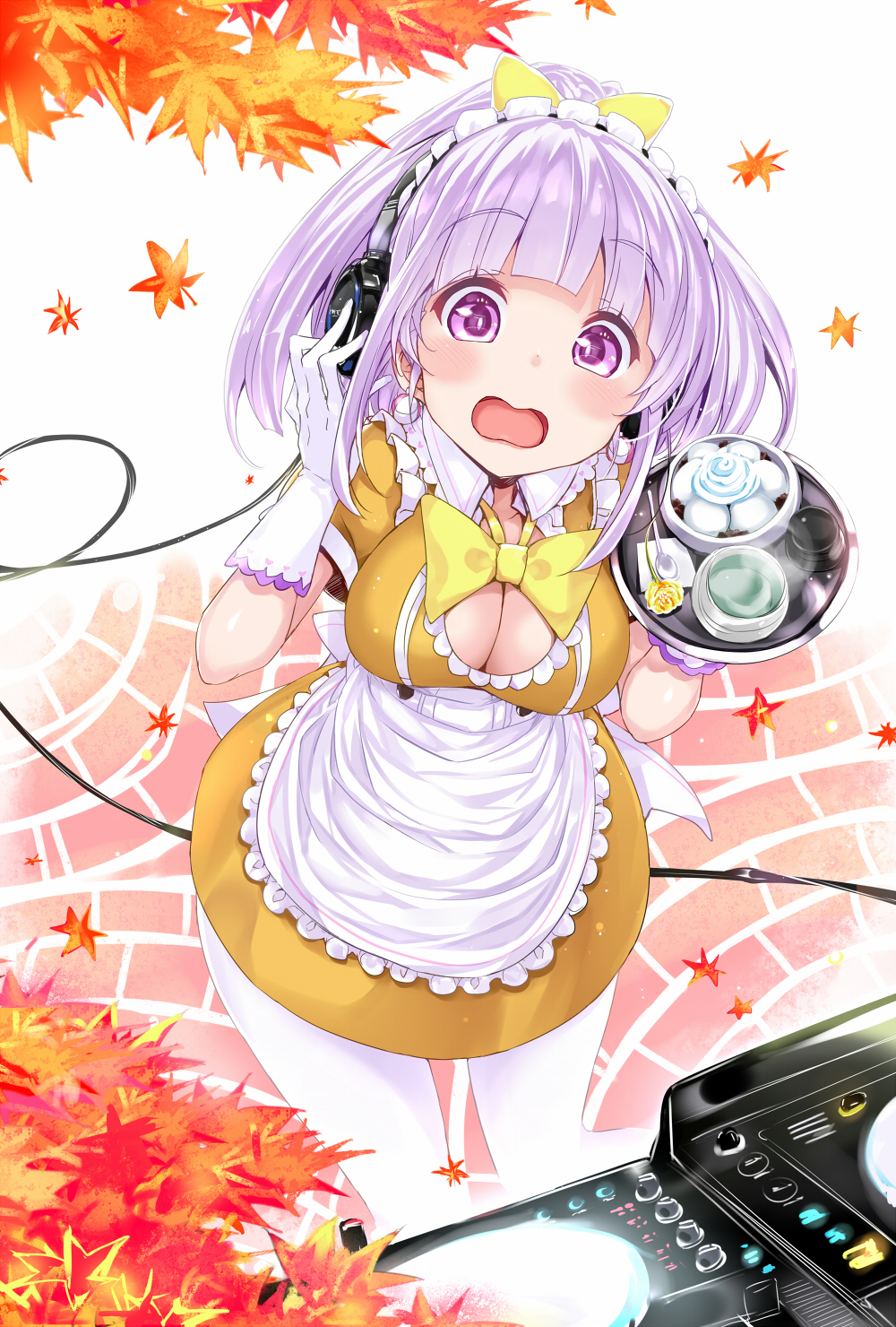 1girl apron autumn_leaves bangs blush bow breasts bulbonne cleavage cleavage_cutout collared_dress commentary_request day dress earrings eyebrows_visible_through_hair flower food frilled_apron frills gloves green_tea hair_bow hand_on_headphones headphones high_ponytail highres jewelry large_breasts leaf long_hair looking_at_viewer maid maid_headdress maple_leaf open_mouth original outdoors ponytail puffy_short_sleeves puffy_sleeves purple_hair revision rose short_sleeves solo spoon steam tea tray violet_eyes waist_apron white_apron white_background white_gloves yellow_bow yellow_dress yellow_flower yellow_rose