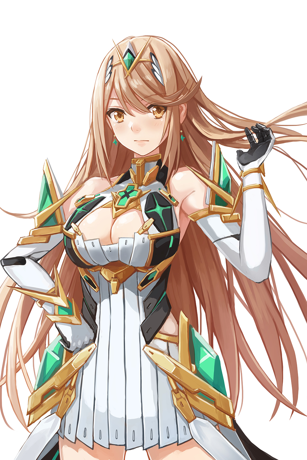 1girl armor bare_shoulders blonde_hair blush breasts cleavage dress elbow_gloves gloves headgear highres mythra_(xenoblade) large_breasts long_hair looking_at_viewer redpoke simple_background solo very_long_hair white_background xenoblade_(series) xenoblade_2 yellow_eyes