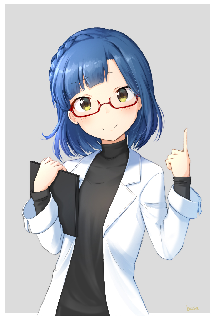 1girl artist_name bangs basa_rutan blue_hair braid eyebrows_visible_through_hair french_braid glasses grey_background head_tilt highres holding idolmaster idolmaster_million_live! index_finger_raised jacket long_sleeves looking_at_viewer nanao_yuriko pointing red-framed_eyewear semi-rimless_eyewear short_hair simple_background smile solo turtleneck upper_body white_jacket yellow_eyes