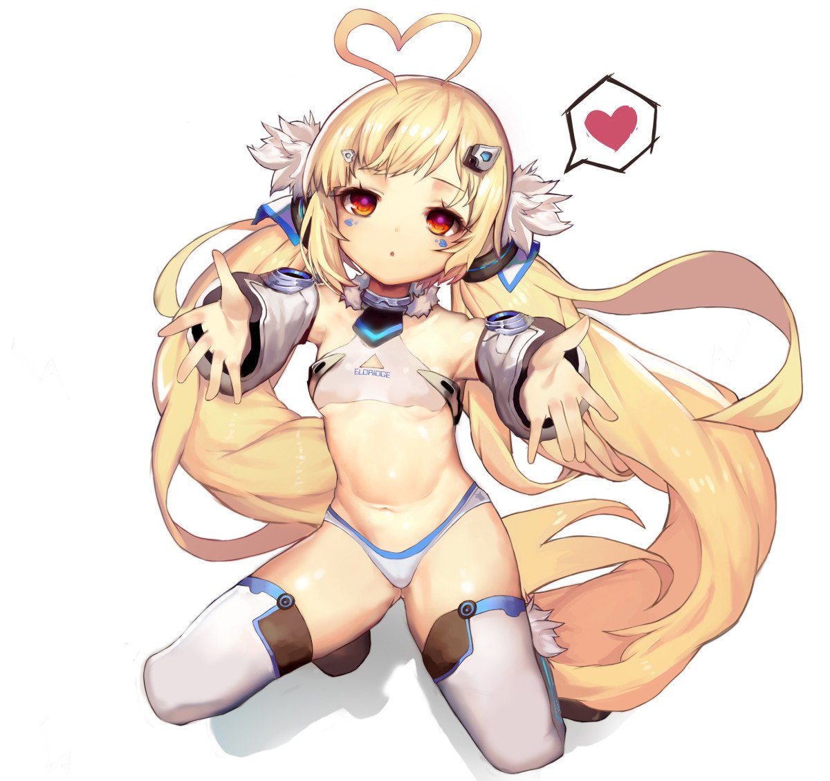 1girl :o ahoge azur_lane bangs bare_shoulders blonde_hair blush breasts character_name commentary cotn7806 crop_top detached_sleeves eldridge_(azur_lane) facial_mark full_body heart heart_ahoge long_hair long_sleeves looking_at_viewer navel outstretched_arms panties parted_lips puffy_long_sleeves puffy_sleeves red_eyes revision small_breasts solo spoken_heart squatting thigh-highs twintails underwear very_long_hair white_background white_legwear white_panties