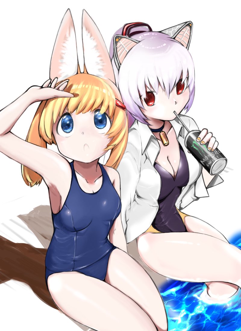 2girls animal_ears armpits bangs black_swimsuit blue_eyes blue_swimsuit blush breasts cat_ears cleavage collar competition_swimsuit drinking drinking_straw eyebrows_visible_through_hair fox_ears from_above hair_ornament hairclip jacket jacket_over_swimsuit kemomimi_oukoku_kokuei_housou large_breasts looking_up mikoko_(kemomimi_oukoku_kokuei_housou) monster_energy multiple_girls nora_cat nora_cat_channel one-piece_swimsuit ponytail poolside red_eyes robot_ears school_swimsuit shichisei_nanakusa sideboob silver_hair swimsuit thighs virtual_youtuber water white_jacket