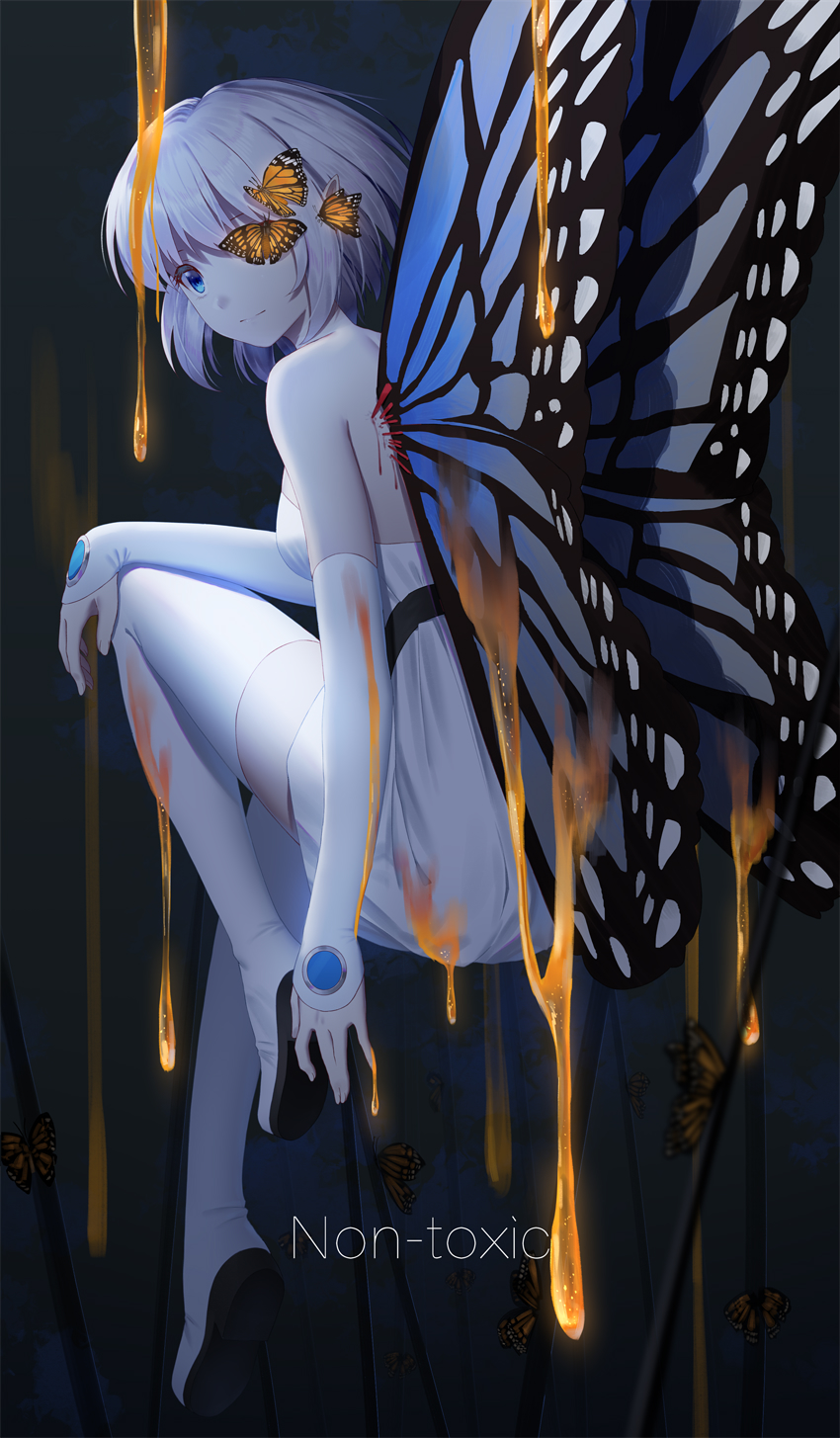 1girl animal bangs bare_shoulders blue_eyes boots bug butterfly butterfly_wings closed_mouth commentary_request detached_sleeves dress english highres honey insect ji_dao_ji long_sleeves looking_at_viewer looking_back one_eye_covered original short_hair silver_hair sleeves_past_wrists solo strapless strapless_dress thigh-highs thigh_boots white_dress white_footwear white_legwear wings