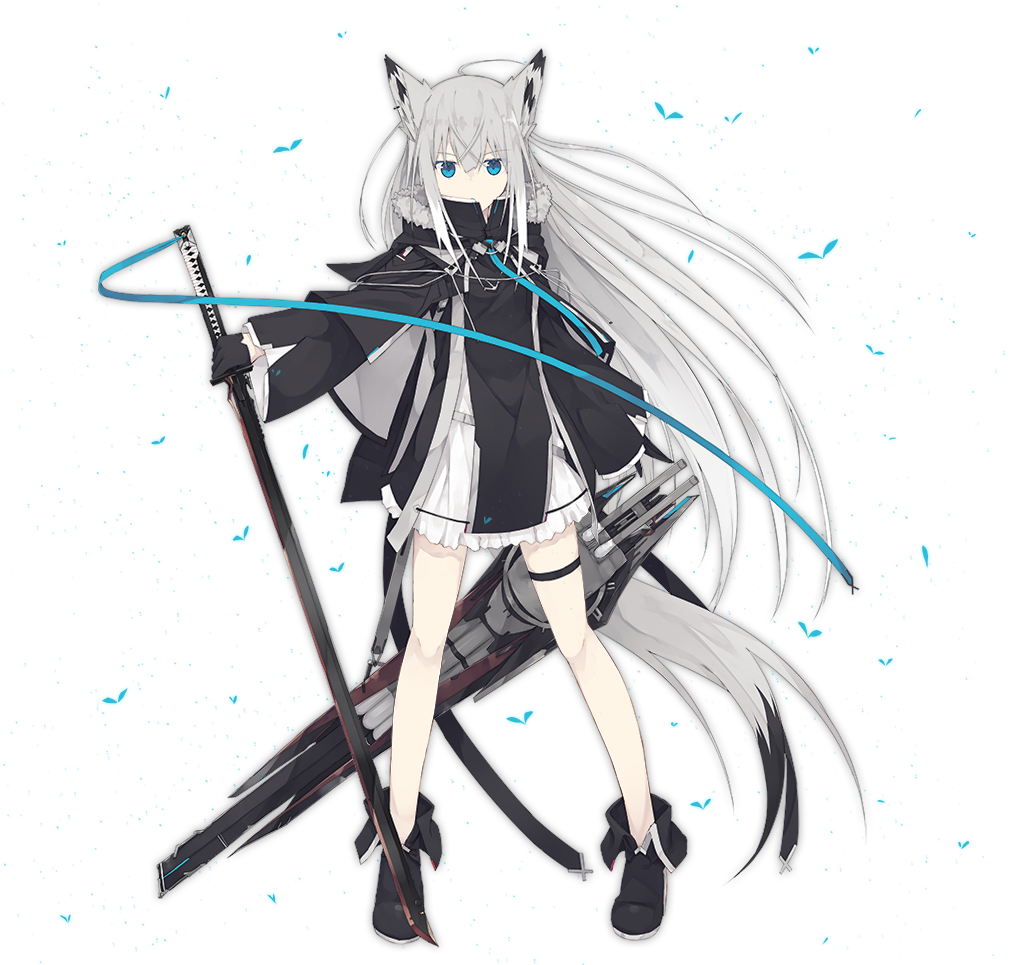 1girl ahoge ankle_boots azur_lane bangs black_footwear black_gloves blue_eyes boots breasts crossed_bangs dress feathered_wings full_body fur_collar gloves hair_between_eyes head_wings holding holding_sword holding_weapon katana kawakaze_(azur_lane) legs_apart long_hair long_sleeves looking_at_viewer nagishiro_mito official_art popped_collar short_dress silver_hair simple_background small_breasts solo standing straight_hair sword tachi-e tail thigh_strap transparent_background turret very_long_hair weapon white_dress wide_sleeves wings