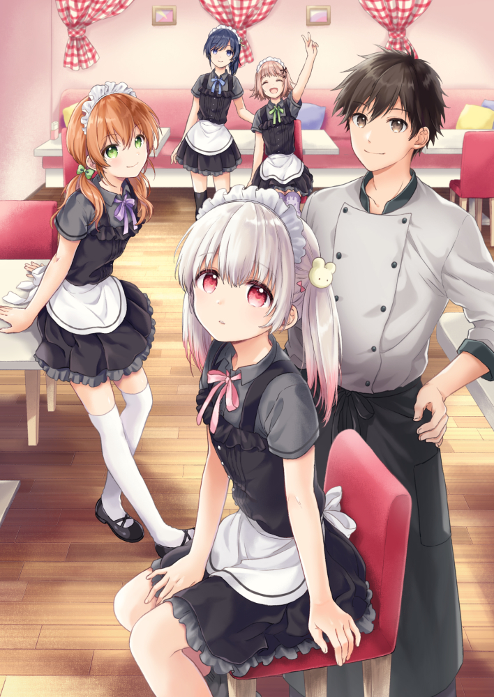 5boys :d ^_^ animal_hair_ornament apron arm_support arm_up black_dress black_footwear black_frills black_legwear blue_eyes blue_hair blue_neckwear blue_pillow blue_ribbon bow brown_hair cafe chair chef_uniform closed_eyes commentary_request curtains dress frilled_dress frills from_side fukakai_na_boku_no_subete_wo green_bow green_eyes green_neckwear green_ribbon grey_frills grey_shirt hair_bow hand_on_hip konayama_kata looking_at_viewer low_twintails maid_headdress mary_janes mei_(kimi_dake_no_ponytail) multiple_boys open_mouth parted_lips picture_frame pillow pinafore_dress pink_neckwear pink_ribbon platinum_blonde ponytail purple_neckwear purple_ribbon red_eyes ribbon shirt shoes short_sleeves sitting smile standing suzumi_sou thigh-highs trap twintails v waist_apron waitress white_legwear yellow_pillow