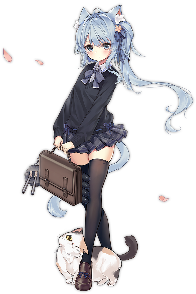 1girl animal asashio_(azur_lane) azur_lane bag bangs black_cardigan black_legwear blue_eyes blue_hair blue_ribbon blush brown_footwear calico cardigan cat cat_girl cat_tail eyebrows eyebrows_visible_through_hair flower full_body grey_skirt hair_between_eyes hair_flower hair_intakes hair_ornament hair_ribbon hairclip holding holding_bag legs_crossed loafers long_hair long_sleeves looking_at_viewer miniskirt official_art orange_flower petals plaid plaid_skirt pleated_skirt ribbon school_bag shoes side_ponytail simple_background skindentation skirt standing tail thigh-highs transparent_background tsukimi_(xiaohuasan) v_arms watson_cross zettai_ryouiki