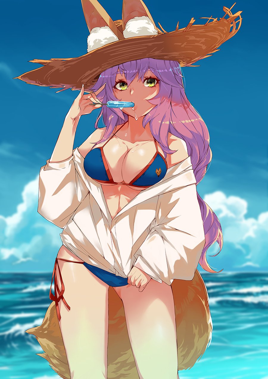 1girl animal_ears bangs bare_shoulders bikini bikini_under_clothes blue_bikini blue_sky breasts cleavage collarbone ears_through_headwear fate/extra fate/grand_order fate_(series) food fox_ears fox_tail hair_between_eyes hat highres hips jacket large_breasts long_hair looking_at_viewer ocean off_shoulder ohland pink_hair popsicle side-tie_bikini sky solo straw_hat swimsuit tail tamamo_(fate)_(all) tamamo_no_mae_(swimsuit_lancer)_(fate) thighs white_jacket yellow_eyes