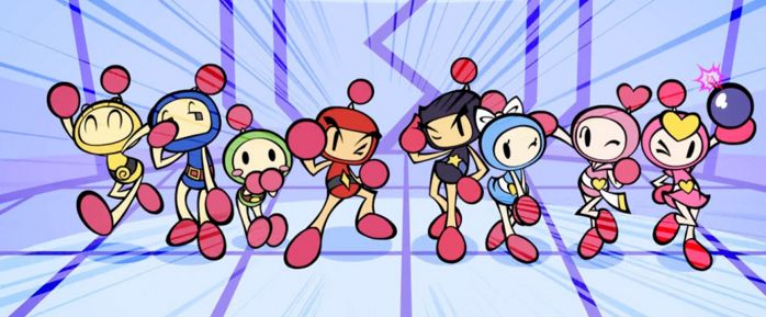 acrobat_aqua_bomber angry antenna belt black_bomberman blue_bomberman blush_stickers bomb bomberman green_bomberman no_humans no_mouth official_art one_eye_closed pink_bomber pretty_bomber red_bomberman robot super_bomberman_r wink yellow_bomberman |_|