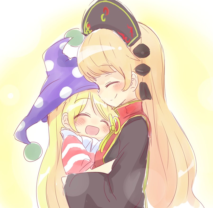 2girls black_hat blonde_hair blush closed_eyes clownpiece commentary_request facing_another hat horizontal_stripes jester_cap junko_(touhou) kumamoto_(bbtonhk2) long_hair long_sleeves multiple_girls purple_hat ribbon short_sleeves sketch smile striped touhou yellow_ribbon