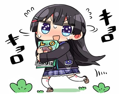 1girl :d bangs black_blazer black_hair blazer blue_eyes blue_skirt blush book braid brown_footwear chibi commentary_request eyebrows_visible_through_hair flying_sweatdrops hair_between_eyes hair_ornament hairclip jacket kanikama loafers long_hair long_sleeves looking_at_viewer lowres motion_lines nijisanji nose_blush object_hug open_mouth plaid plaid_skirt pleated_skirt school_uniform shoes skirt smile solo sparkling_eyes standing standing_on_one_leg sweat thigh-highs tsukino_mito v-shaped_eyebrows very_long_hair virtual_youtuber white_background white_legwear