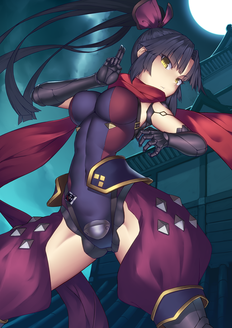 1girl bangs black_gloves black_hair breasts closed_mouth commentary_request crotchless_pants elbow_gloves eyebrows_visible_through_hair fate/grand_order fate_(series) full_moon gloves hand_up head_tilt high_ponytail impossible_clothes impossible_leotard katou_danzou_(fate/grand_order) kuji-in large_breasts leotard long_hair looking_at_viewer moon night night_sky outdoors pants parted_bangs ponytail puffy_pants purple_leotard purple_pants red_scarf ryuinu scarf sky solo v-shaped_eyebrows very_long_hair yellow_eyes